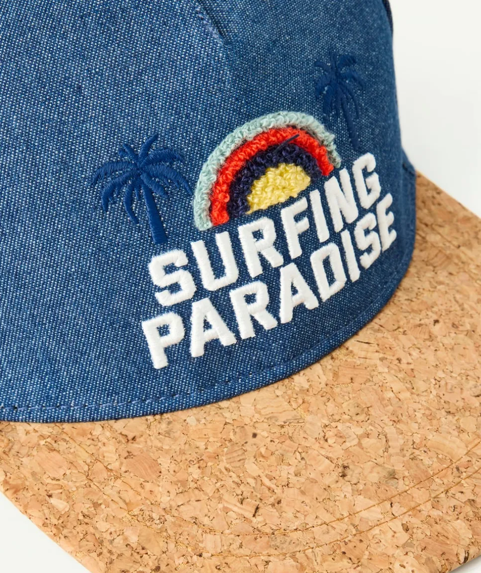 Casquette garçon bleu marine denim avec visière effet liège et broderies