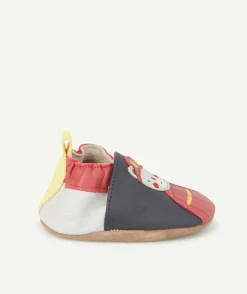 Chaussons bébé en partie en cuir bleu marine gris et rouge pompier