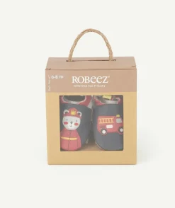 Chaussons bébé en partie en cuir bleu marine gris et rouge pompier