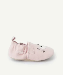 Chaussons en partie en cuir bébé fille rose avec motif ours