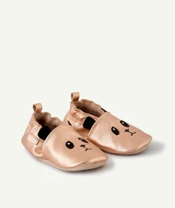 Chaussons en partie en cuir bébé fille rose gold avec pandas brodés
