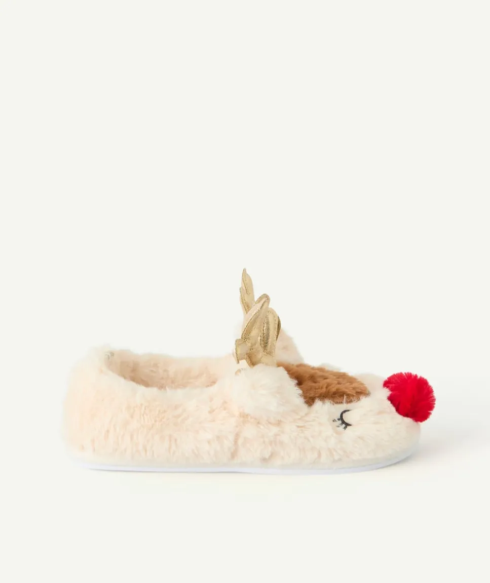 Chaussons fille beige motif renne noël