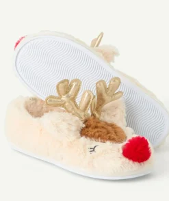 Chaussons fille beige motif renne noël