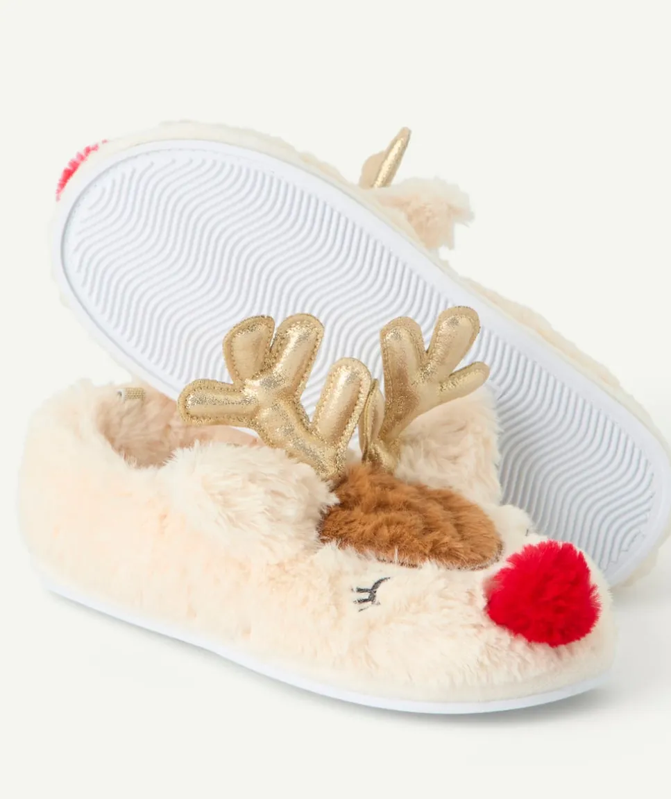 Chaussons fille beige motif renne noël