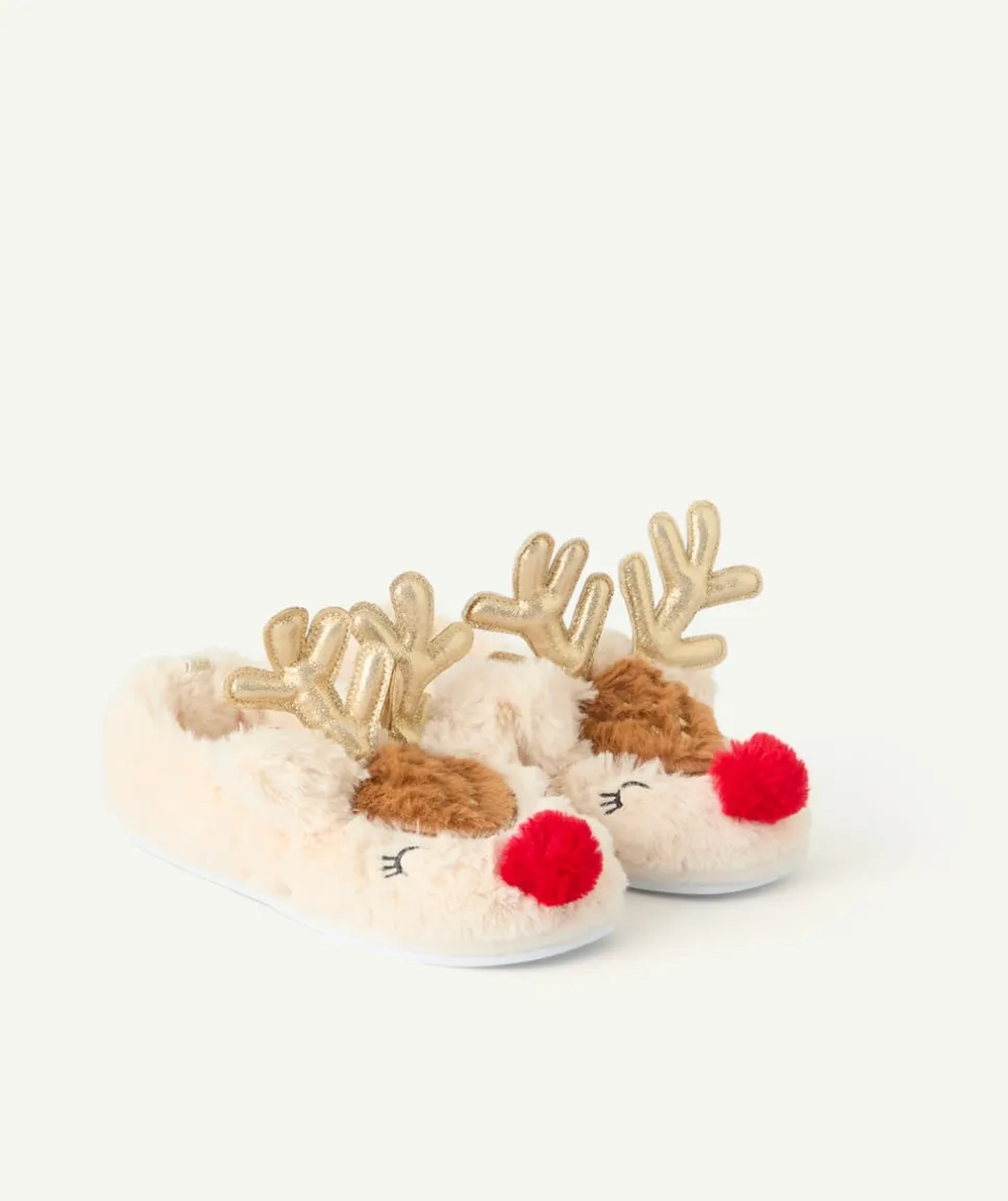 Chaussons fille beige motif renne noël