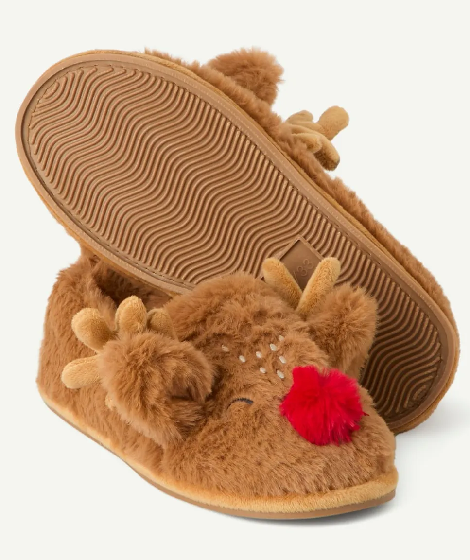 Chaussons garçon marron à motif renne noël