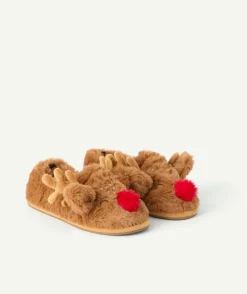Chaussons garçon marron à motif renne noël