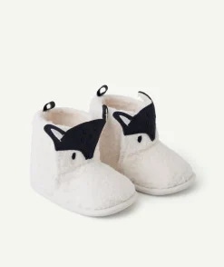 Chaussons montants bébé garçon en sherpa écru au motif renard