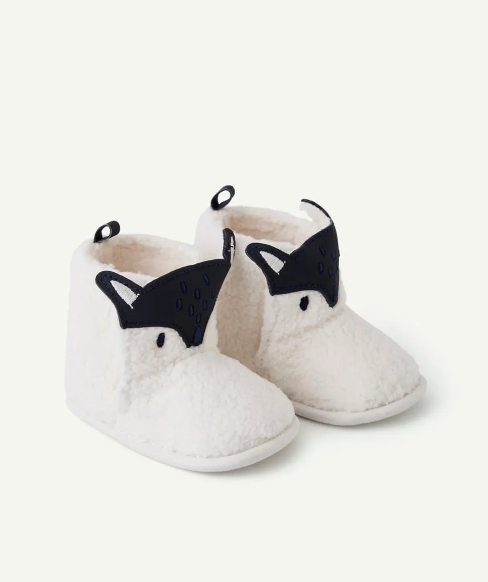 Chaussons montants bébé garçon en sherpa écru au motif renard