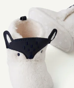 Chaussons montants bébé garçon en sherpa écru au motif renard