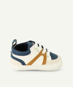 Chaussons type baskets bébé garçon blanches marron et bleu marine