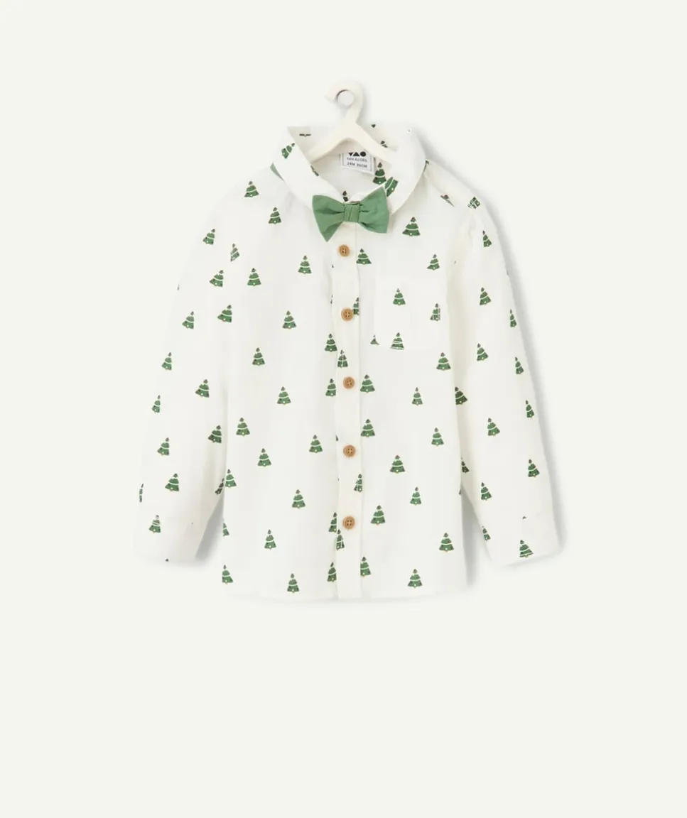 Chemise bébé garçon blanche avec imprimés sapins verts et noeud papillon