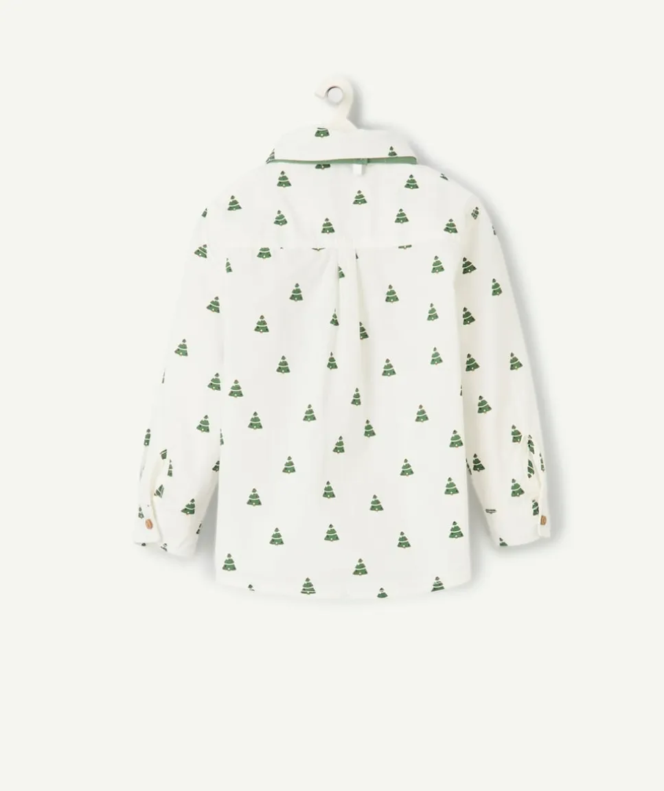 Chemise bébé garçon blanche avec imprimés sapins verts et noeud papillon