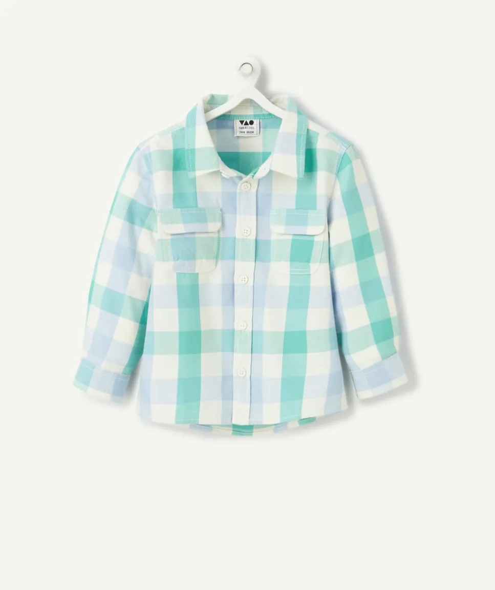 Chemise bébé garçon en coton imprimé à carreaux bleu et vert