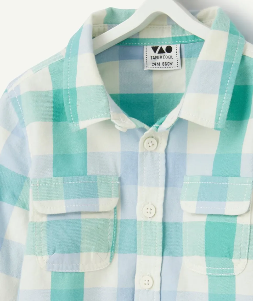 Chemise bébé garçon en coton imprimé à carreaux bleu et vert