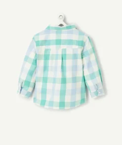 Chemise bébé garçon en coton imprimé à carreaux bleu et vert