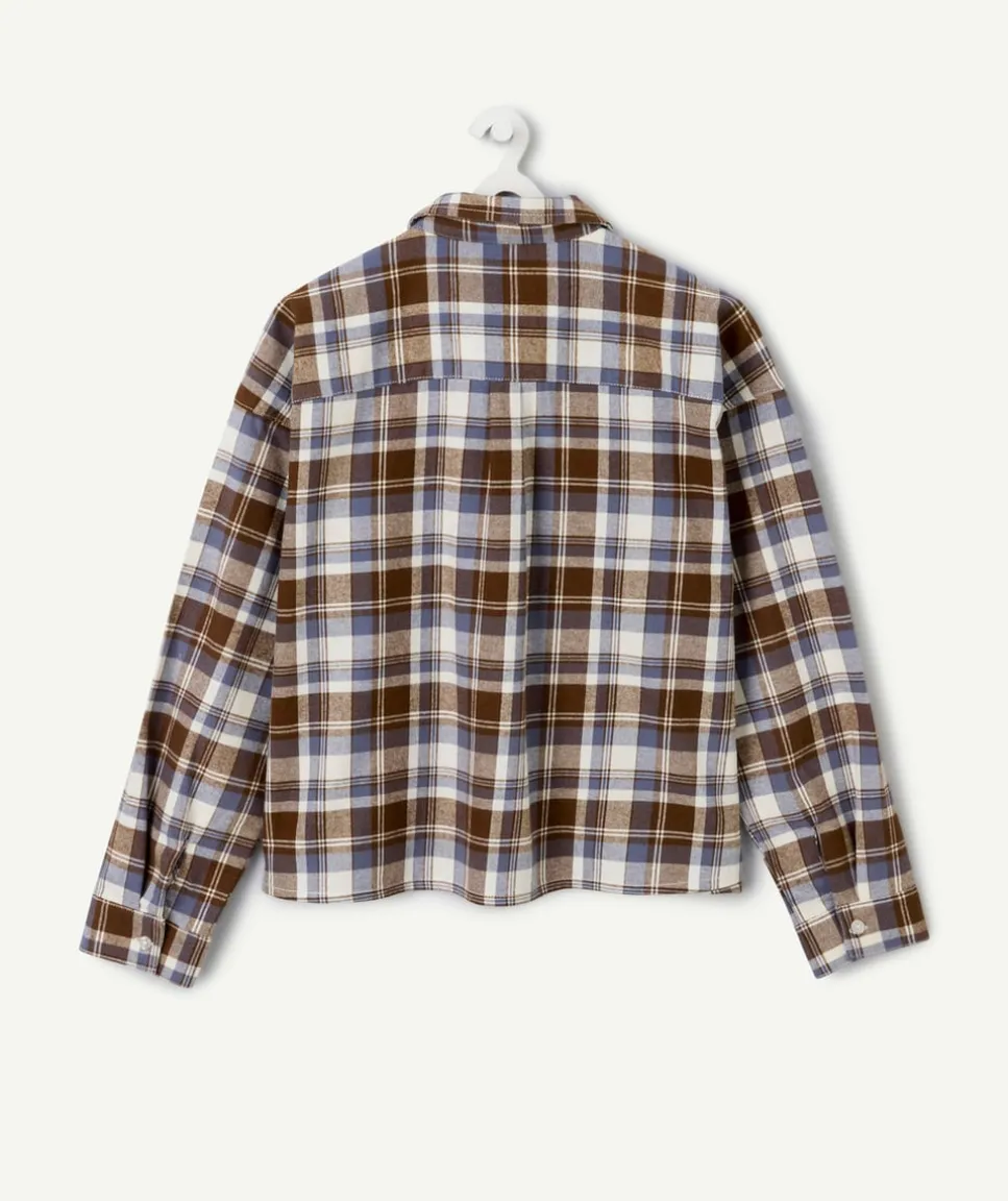 Chemise fille à carreaux marron et bleu