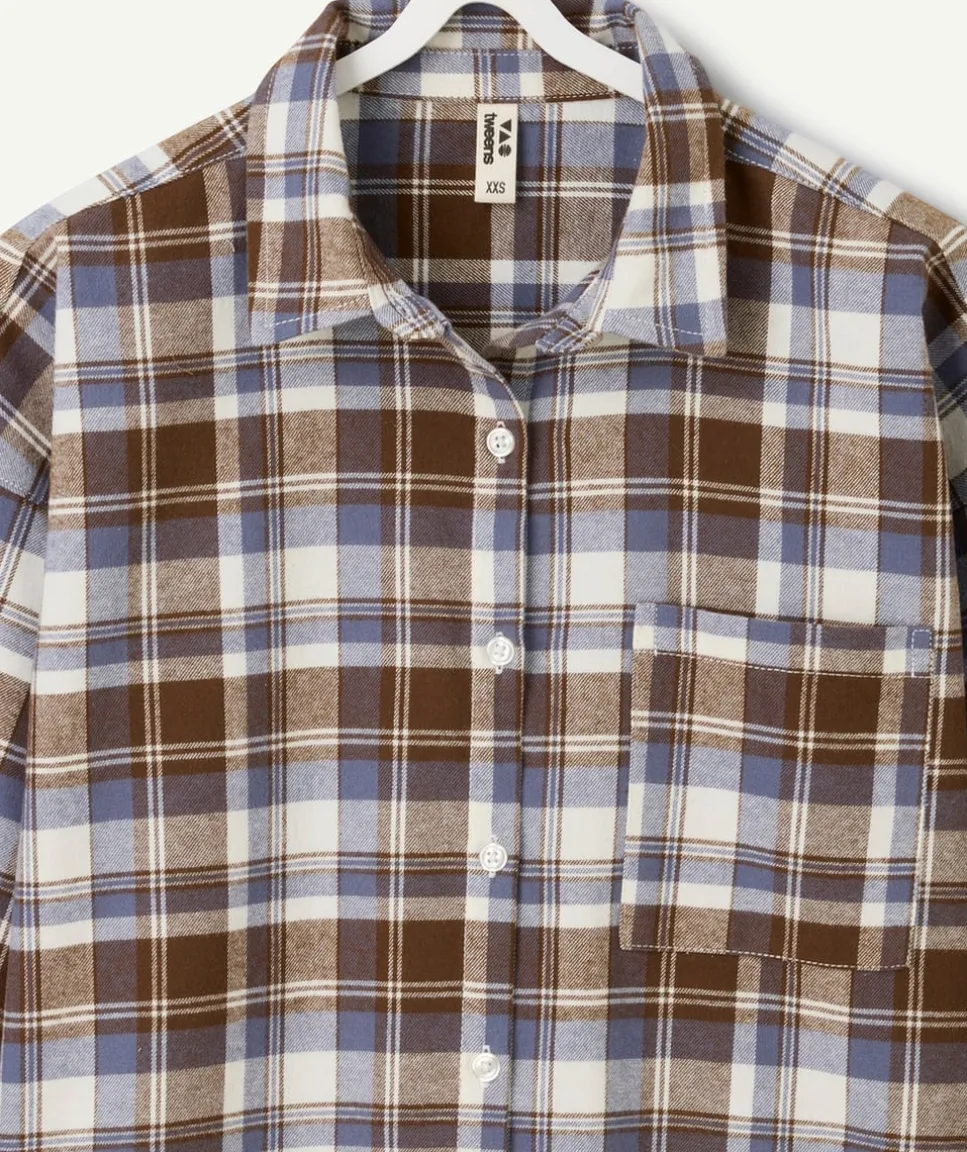 Chemise fille à carreaux marron et bleu