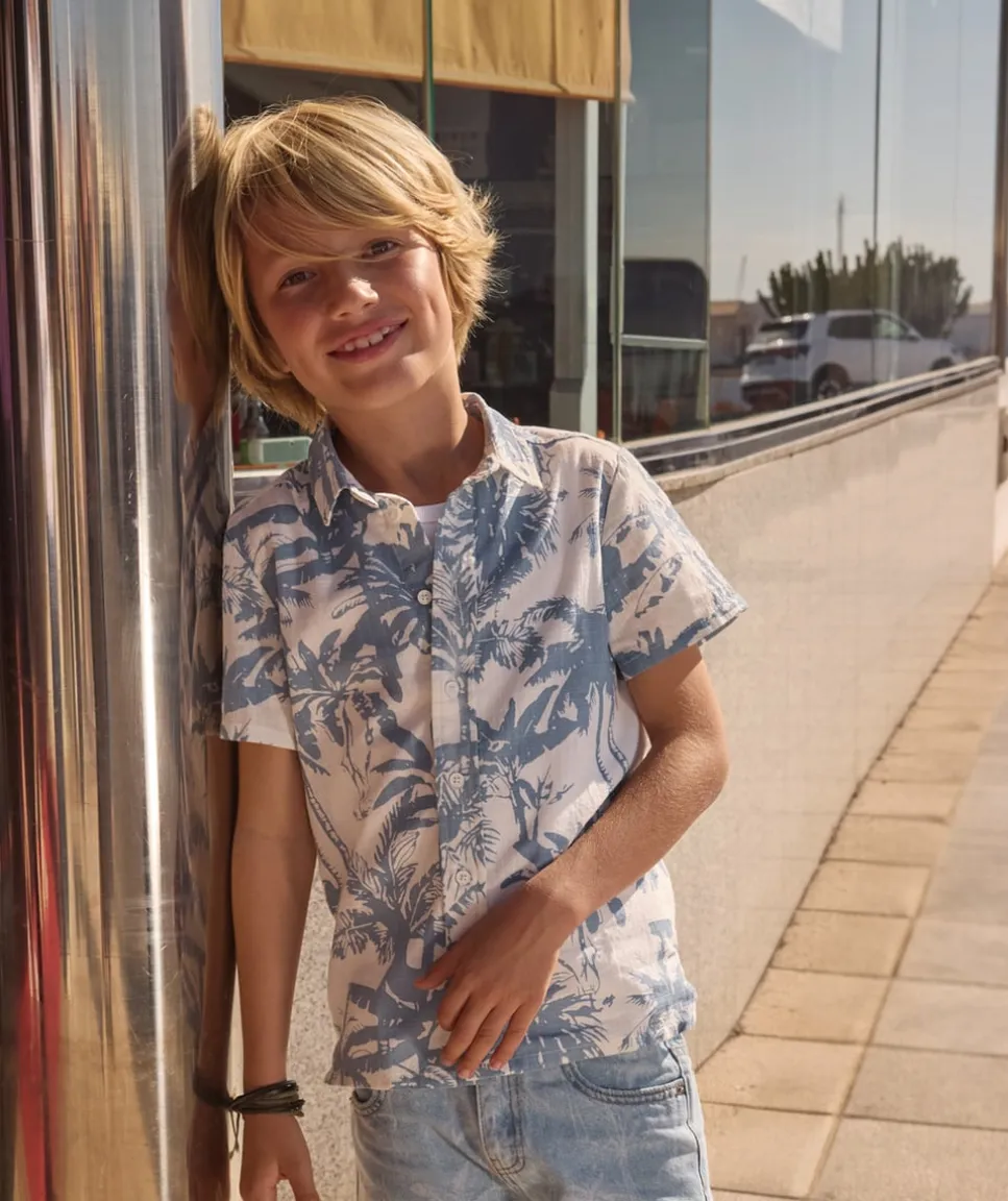 Chemise garçon imprimé palmiers bleus