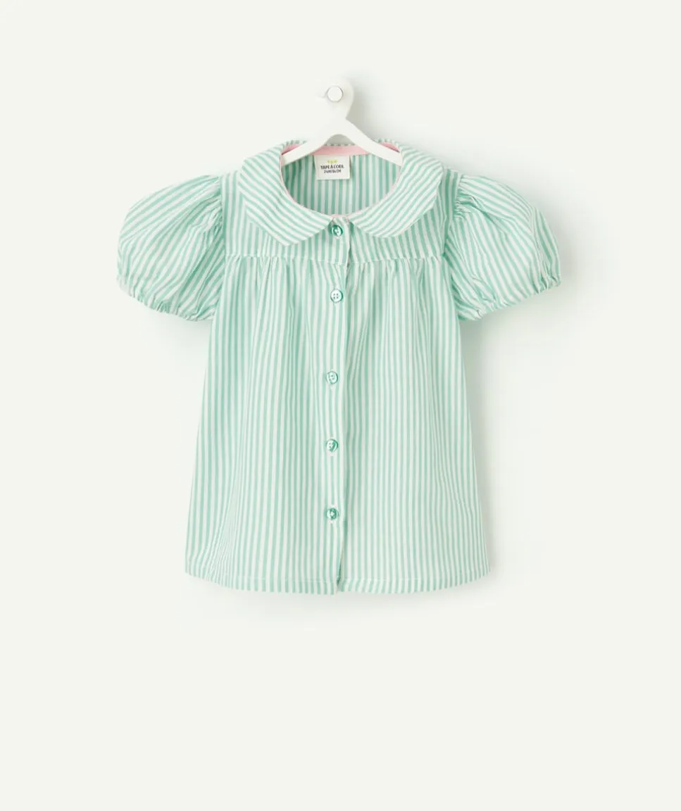 Chemise manches courtes bébé fille en coton bio rayé blanche et verte