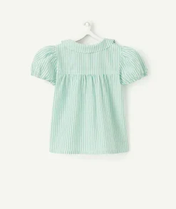 Chemise manches courtes bébé fille en coton bio rayé blanche et verte