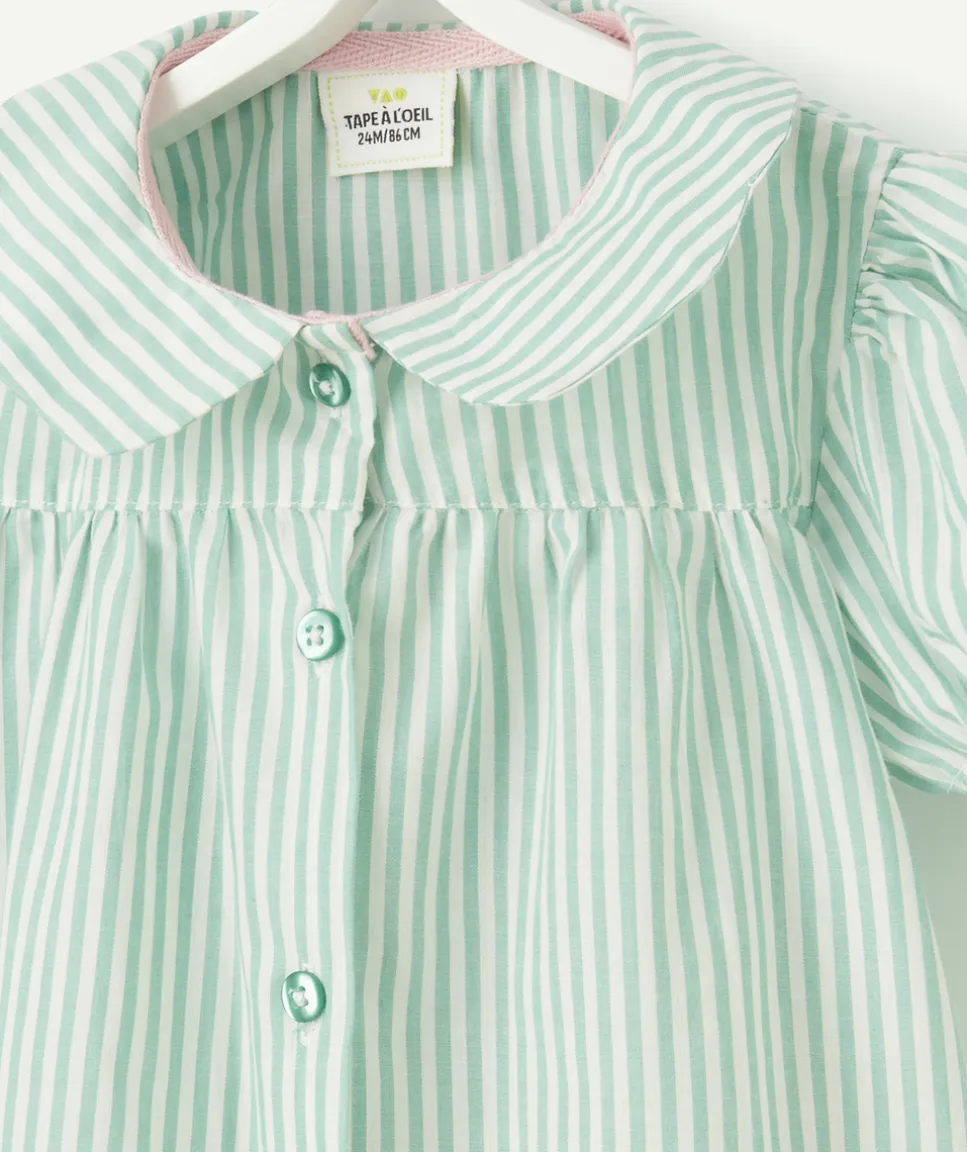 Chemise manches courtes bébé fille en coton bio rayé blanche et verte