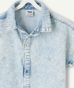 Chemise manches courtes fille denim oversize délavé