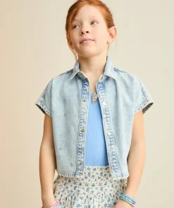 Chemise manches courtes fille denim oversize délavé