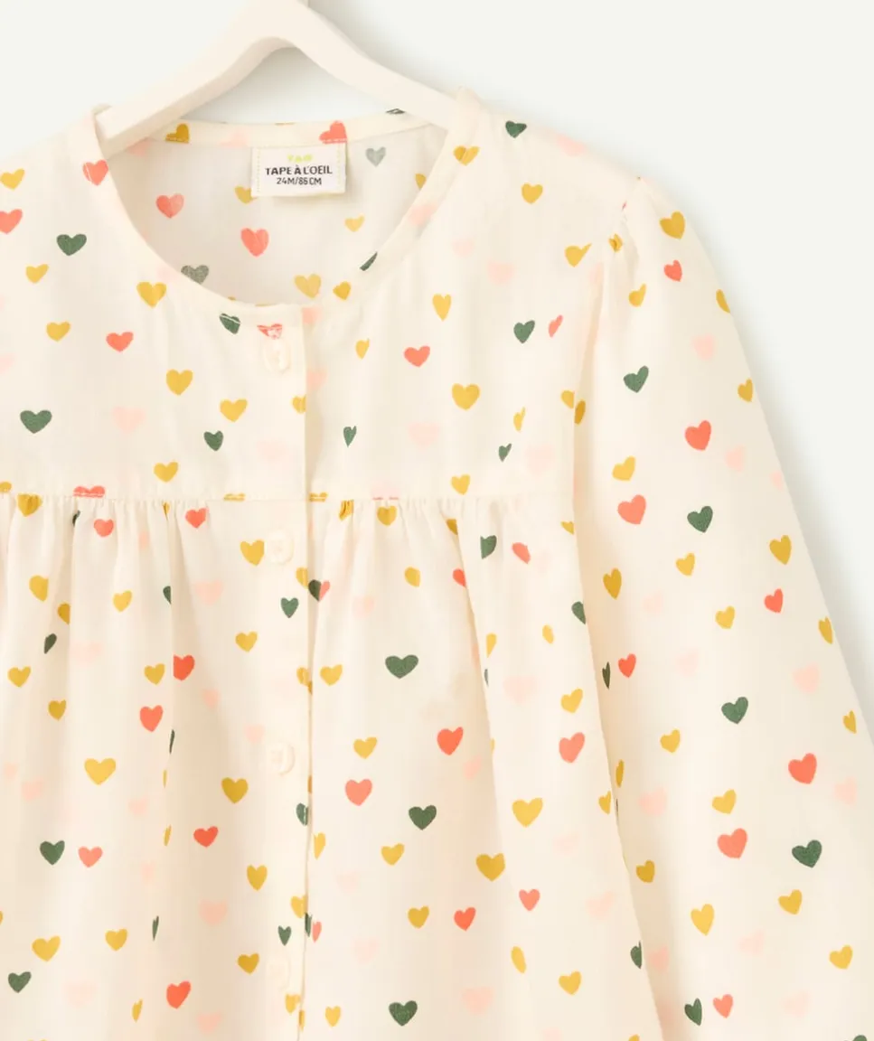 Chemise manches longues bébé fille en coton bio écru imprimé à cœurs colorés