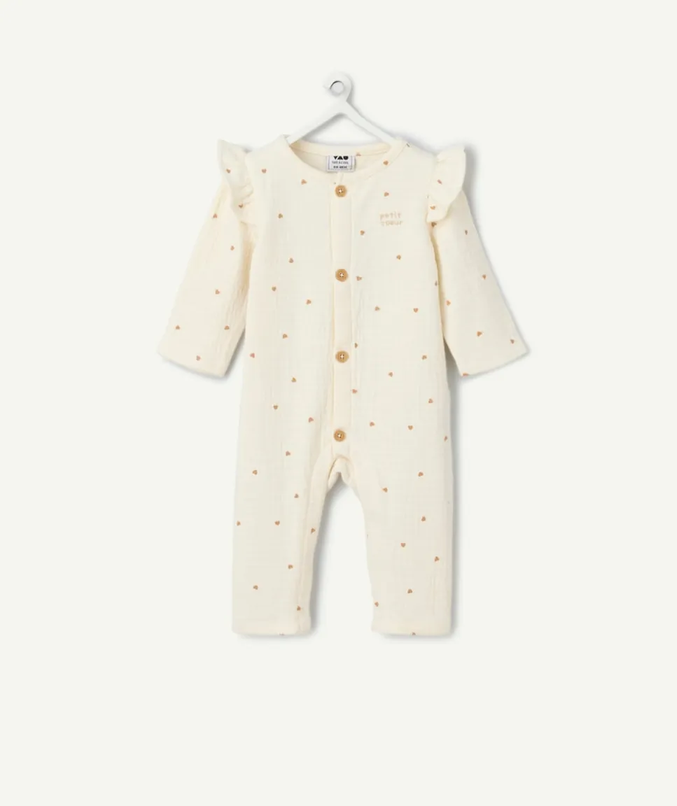 Combinaison naissance fille crème à petits coeur avec épaules volantées