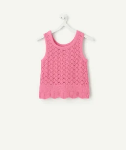 Débardeur fille rose en maille ajourée