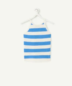 Débardeur tricot fille en coton bio rayé bleu et blanc