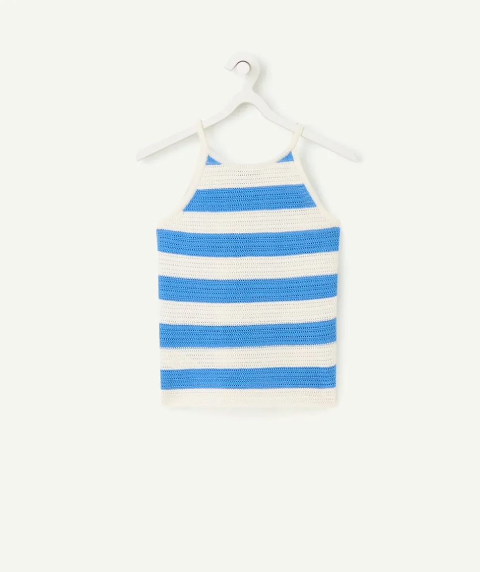 Débardeur tricot fille en coton bio rayé bleu et blanc