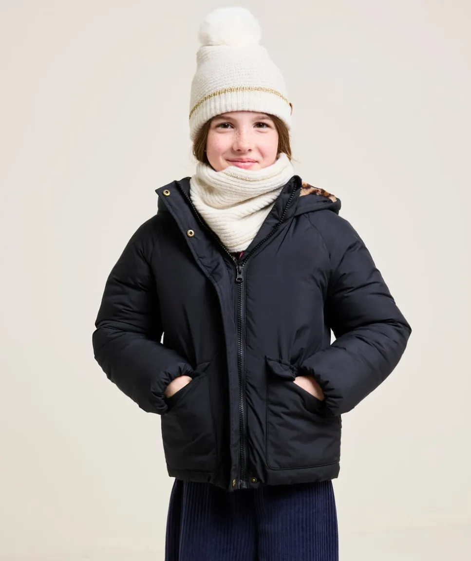 Doudoune noire fille à capuche imprimé léopard