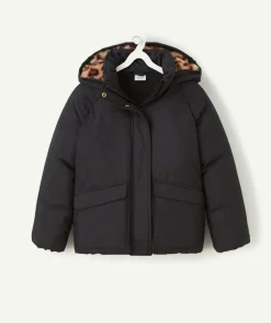 Doudoune noire fille à capuche imprimé léopard