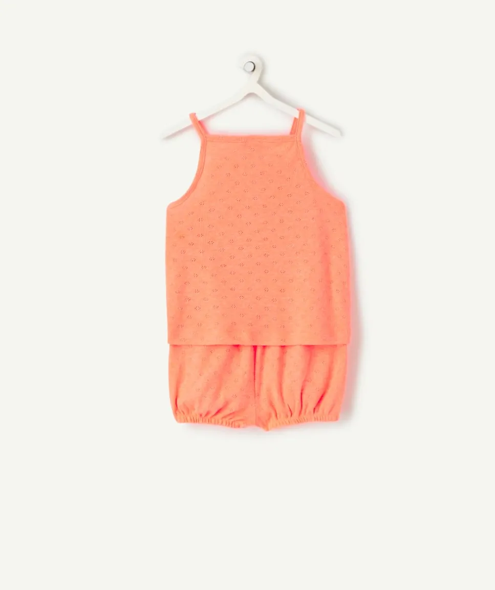 Ensemble manches courtes bébé fille en maille orange fluo
