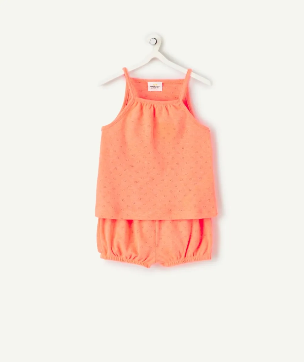 Ensemble manches courtes bébé fille en maille orange fluo