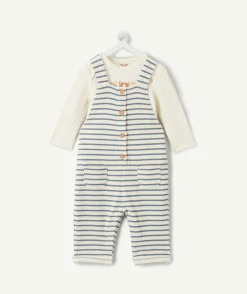 Ensemble salopette naissance garçon écru à rayures