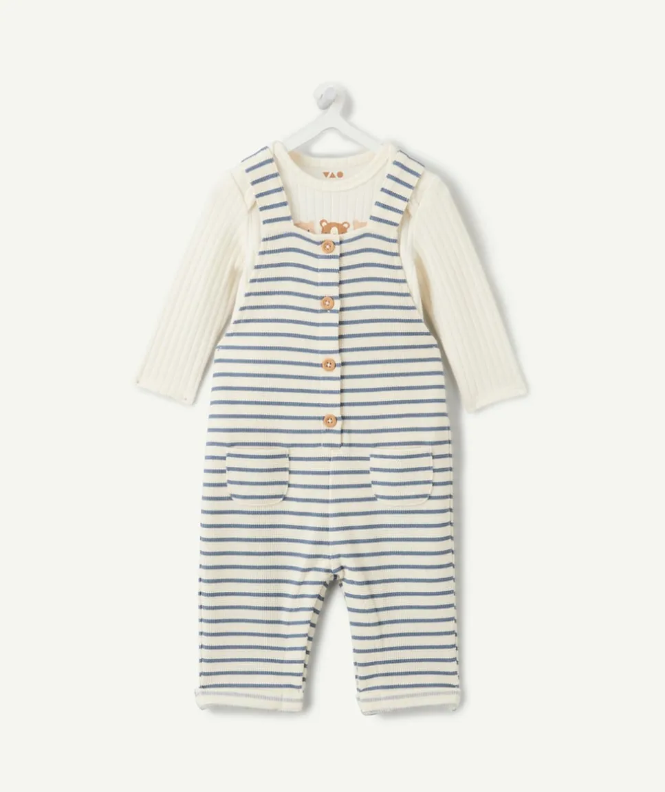 Ensemble salopette naissance garçon écru à rayures