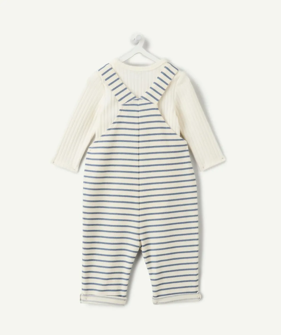 Ensemble salopette naissance garçon écru à rayures