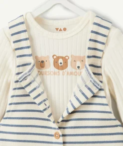 Ensemble salopette naissance garçon écru à rayures