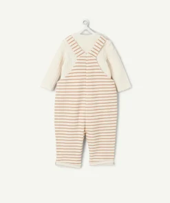 Ensemble salopette naissance garçon rayé écru