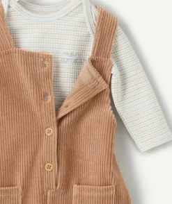 Ensemble salopette naissance garçon camel effet velours