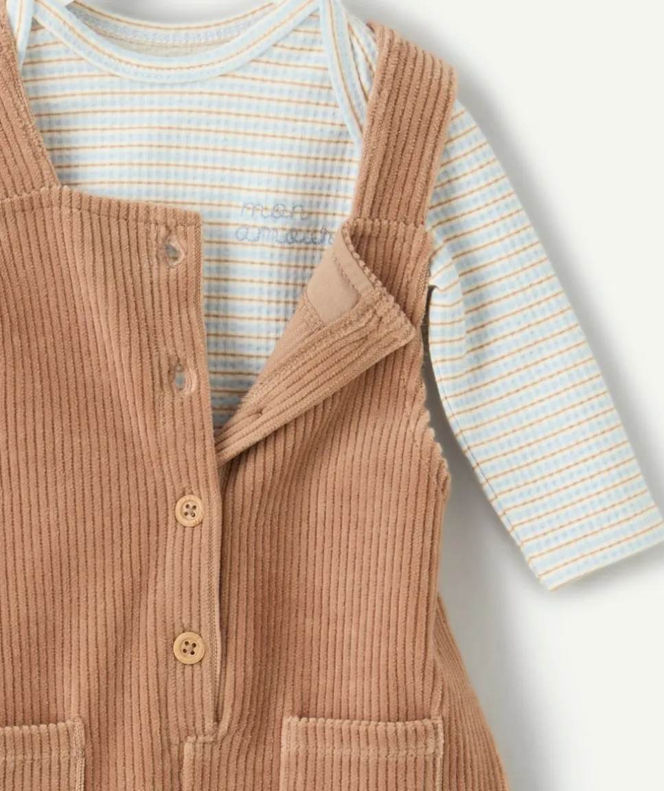 Ensemble salopette naissance garçon camel effet velours