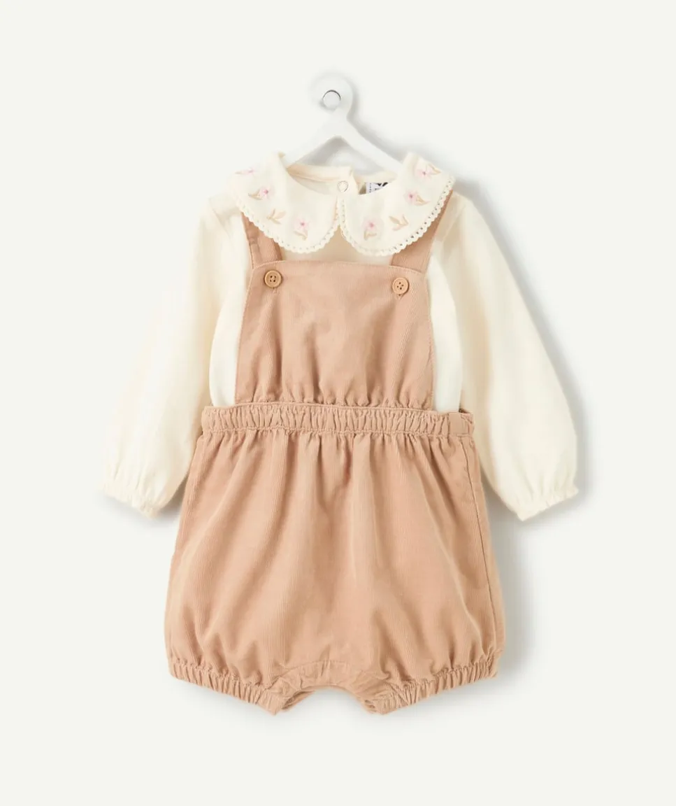 Ensemble salopette naissance fille beige et écru