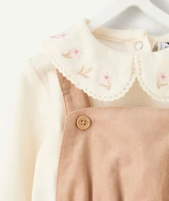 Ensemble salopette naissance fille beige et écru