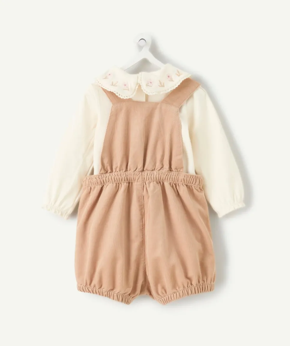 Ensemble salopette naissance fille beige et écru