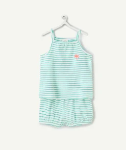 Ensemble top et short bébé fille en coton bio imprimé à rayures vert et blanc