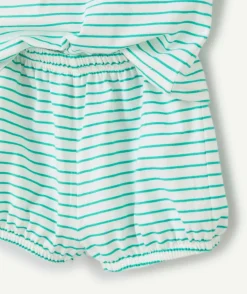 Ensemble top et short bébé fille en coton bio imprimé à rayures vert et blanc
