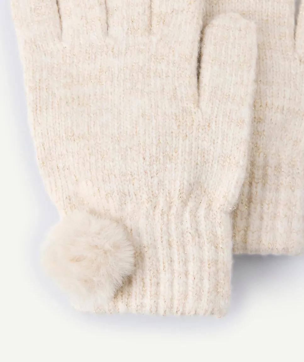 Gants fille maille écru pompon fantaisie